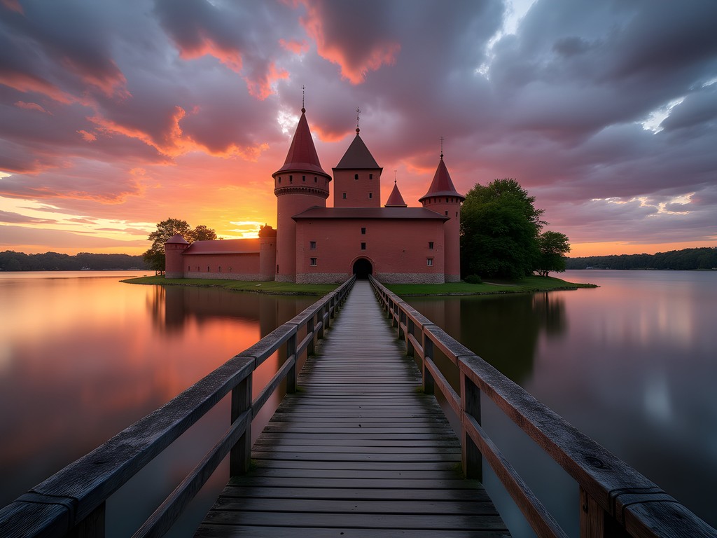 Sunset view of Trakai Castle reflecting in Lake Galvė with wooden bridge in foreground