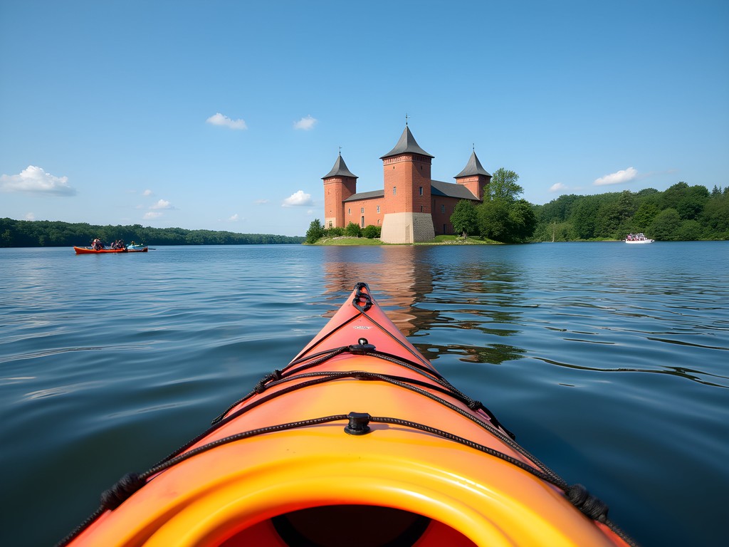 Kayaking on Lake Galvė with view of Trakai Castle from the water