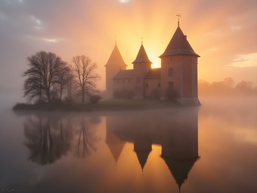 Early morning view of Trakai Castle emerging from lake mist at sunrise