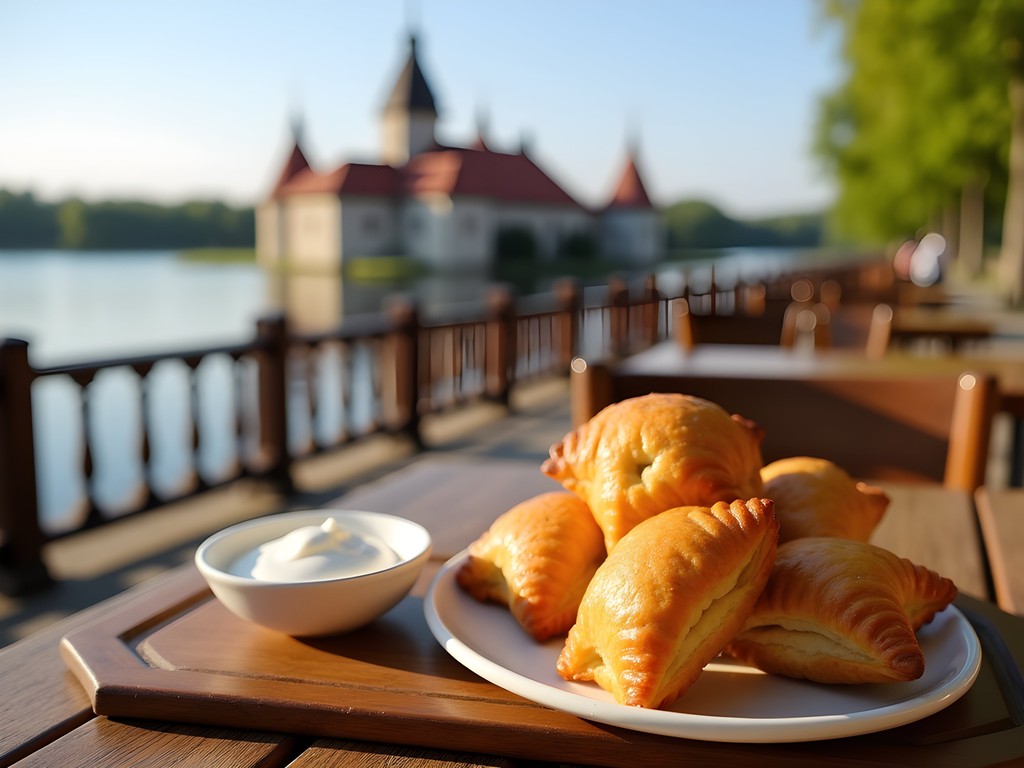 Traditional Karaim kibinai pastries served at waterfront restaurant with Trakai Castle view