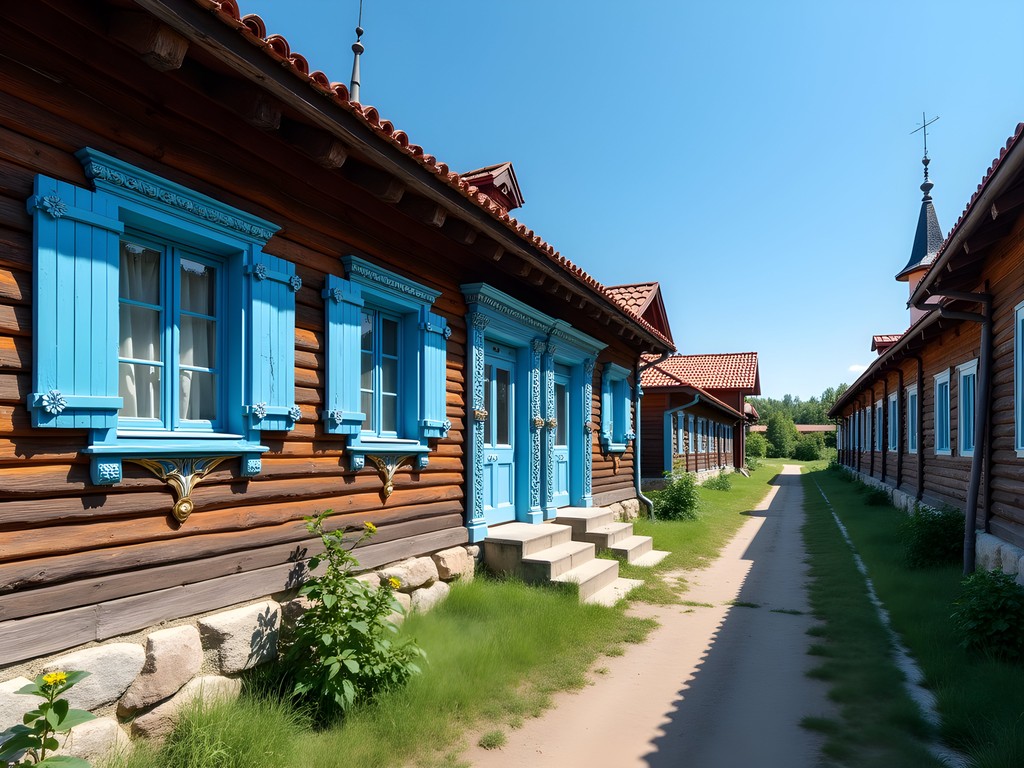 Traditional wooden houses with blue shutters in Irkutsk's 130 Quarter
