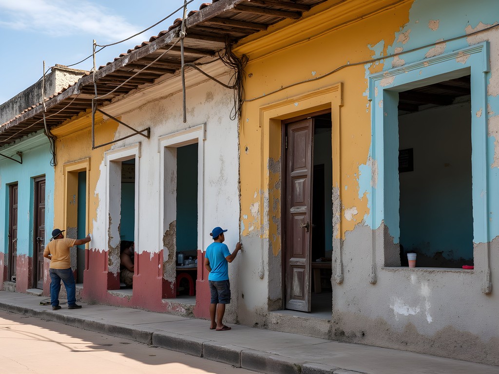 Ongoing conservation work on a colonial building in Trinidad showing traditional techniques