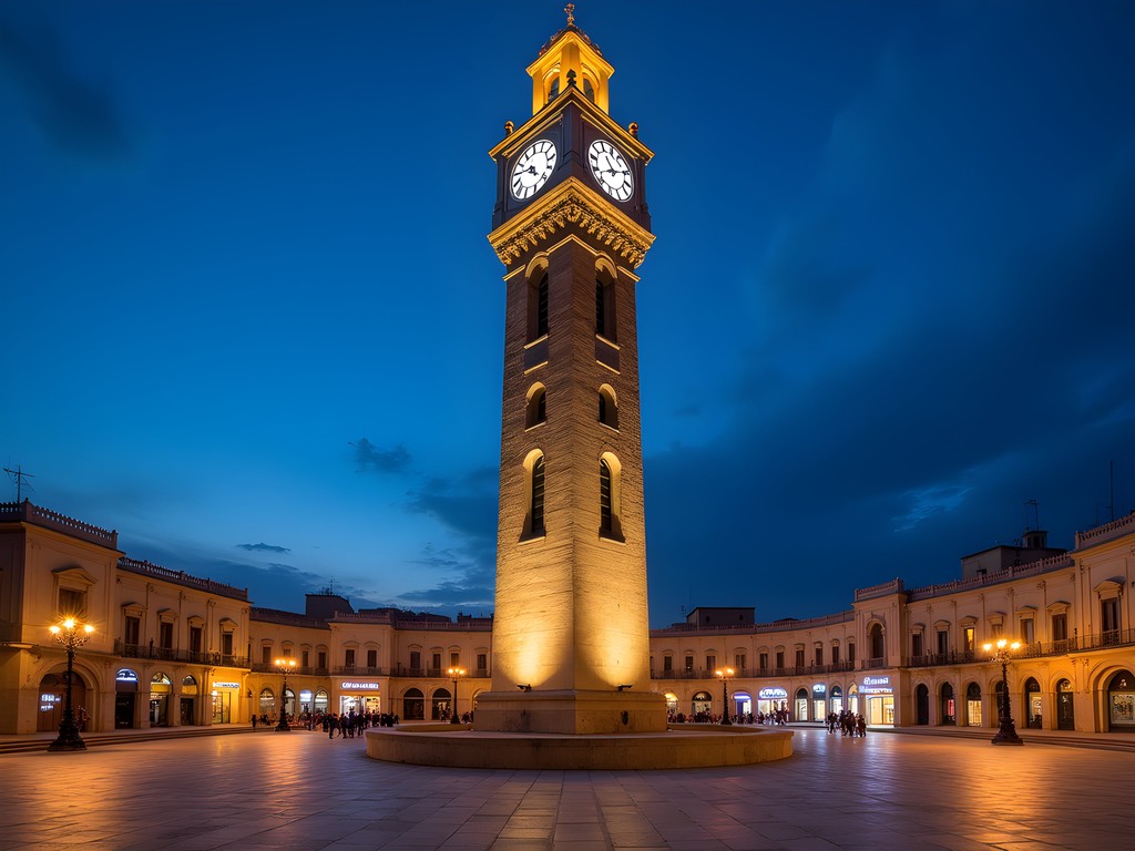 Illuminated Ottoman clock tower in Al-Tall Square at dusk with local families strolling