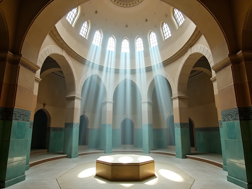 Historic interior of Hammam Al-Abed with domed ceiling and star-shaped skylights