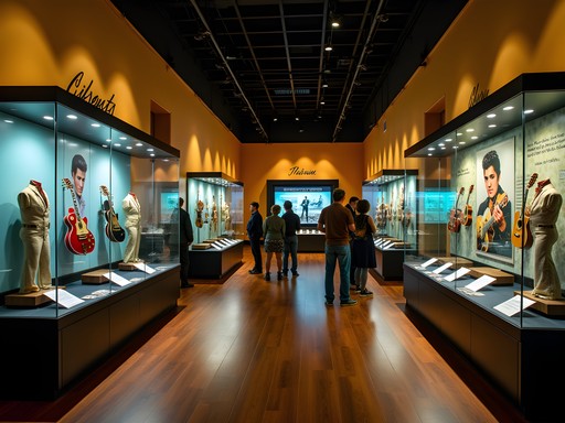 Interactive exhibits inside the Elvis Presley Museum in Tupelo showing memorabilia and photographs