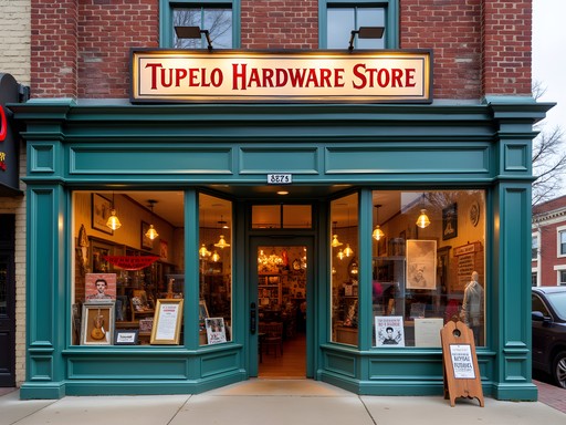 Historic Tupelo Hardware Store where Elvis received his first guitar, with vintage storefront and guitar displays