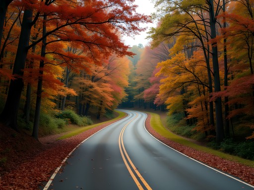 Natchez Trace Parkway near Tupelo in autumn with golden foliage and historic pathway