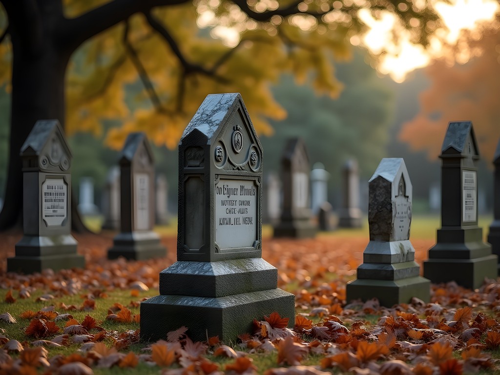 Historic Civil War era graves at Old Town Cemetery in Tupelo with autumn leaves and evening light