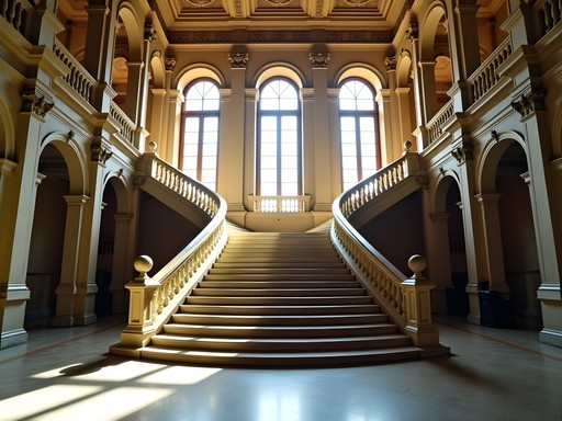 Ornate baroque staircase in Palazzo Madama with dramatic lighting