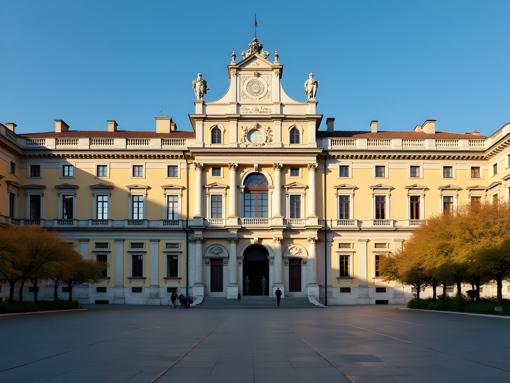 Elegant facade of Palazzo Reale in Turin with symmetrical architecture and royal guards