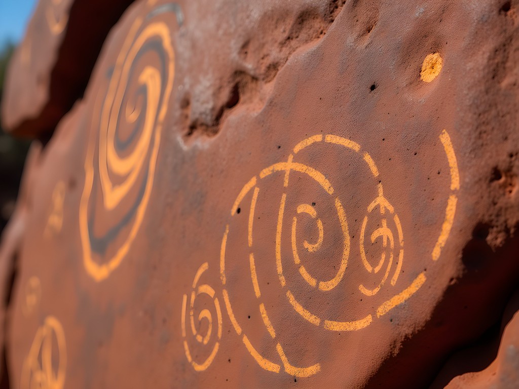 Ancient Aboriginal rock art paintings on Uluru's surface showing traditional symbols and storytelling