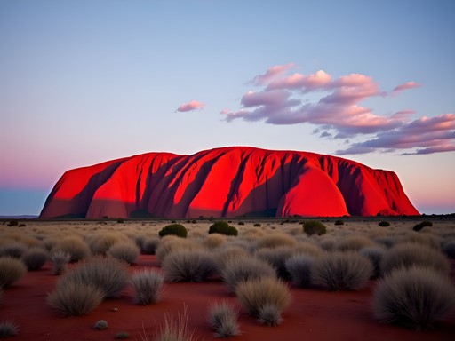 Uluru at dawn showing the spectacular color transformation from purple to blazing red