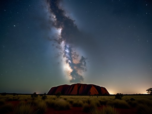 Uluru silhouette against brilliant Milky Way galaxy in clear outback night sky