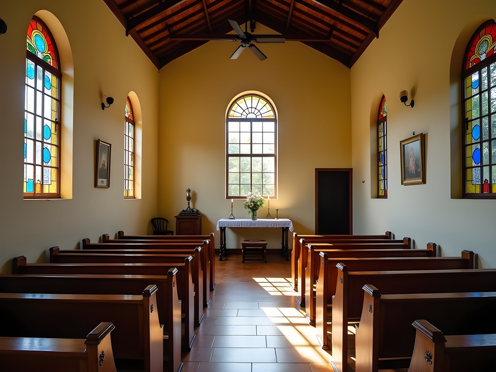 Sunlight streaming through stained glass windows inside Iglesia de Santa Elvira