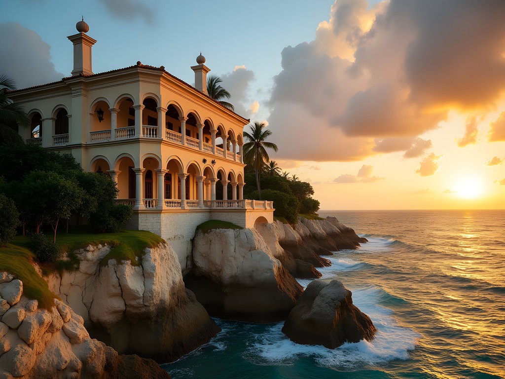 Sunset view of Mansión Xanadú perched on rocky bluff in Varadero