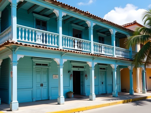 Blue wooden facade of Varadero Municipal Museum with traditional Caribbean architecture