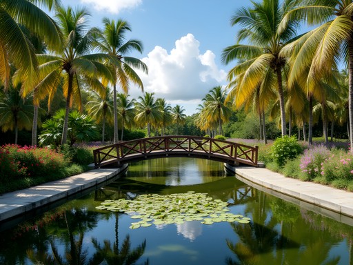 Rustic bridge over lake in Parque Josone with lush tropical vegetation