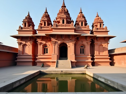 Red ochre Durga Temple in Varanasi with traditional Nagara architecture and resident monkeys