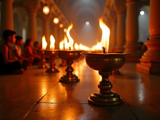 Evening aarti ceremony at Sankat Mochan Hanuman Temple with oil lamps and devotees