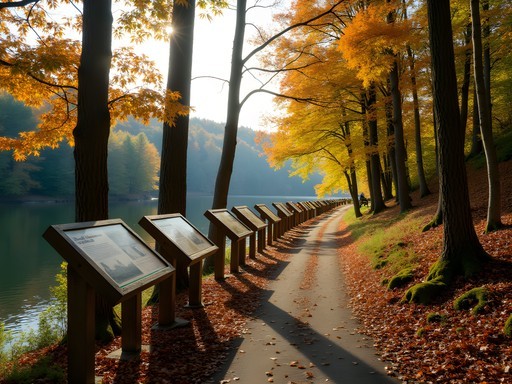 Historic Macdonough Shipyard Trail with fall foliage and Revolutionary War interpretive displays