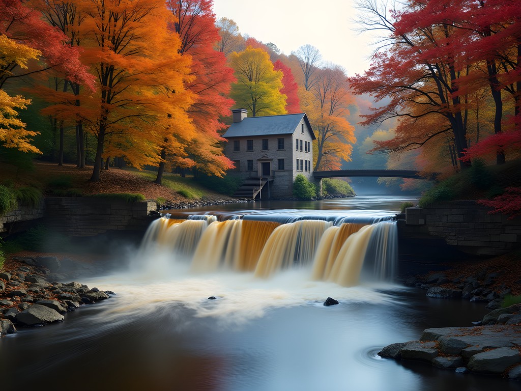 Vergennes Falls with autumn foliage and historic mill foundations