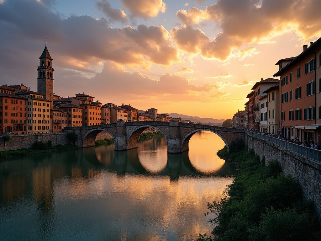 Ponte Pietra stone bridge in Verona at sunset with golden light reflecting on the Adige River