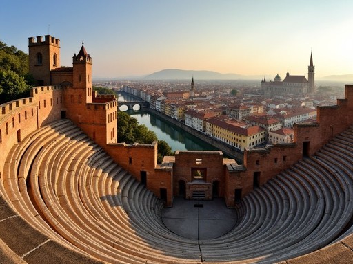 Panoramic view of Verona from the ancient Roman Theater showing red-tiled roofs and the Adige River
