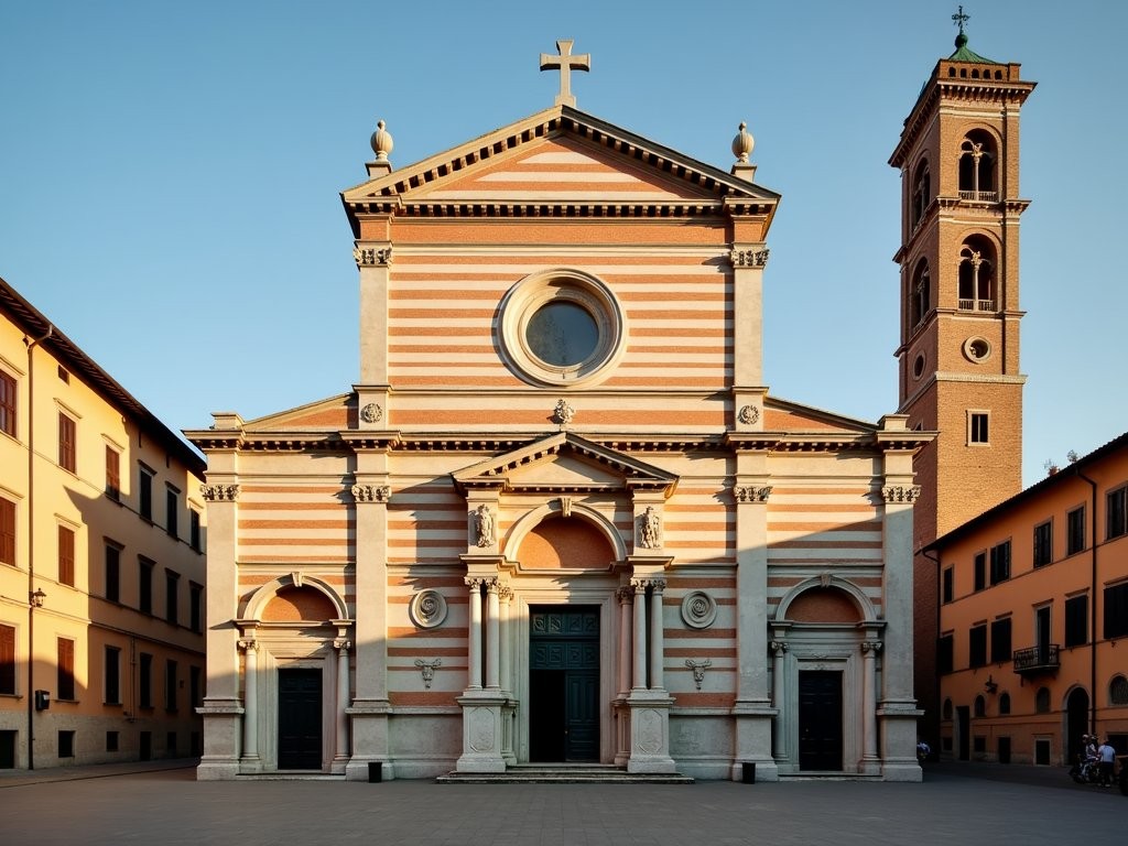 Striped facade of Basilica San Zeno Maggiore in Verona showing Romanesque architecture and rose window