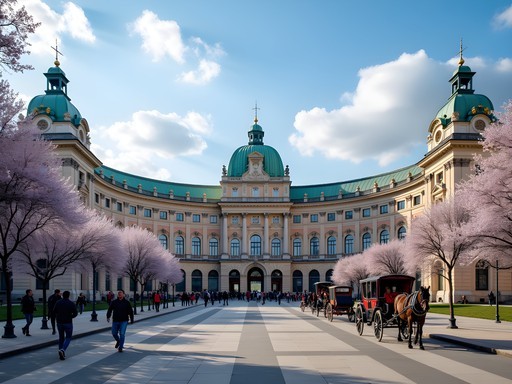 Michaelerplatz entrance to Hofburg Palace in Vienna with spring blooms and horse-drawn carriages