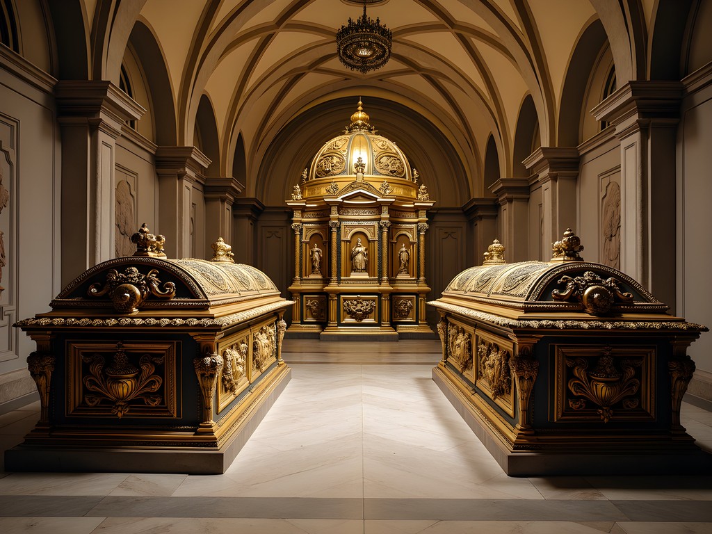 Ornate bronze sarcophagi in the Imperial Crypt (Kaisergruft) of the Habsburg dynasty in Vienna