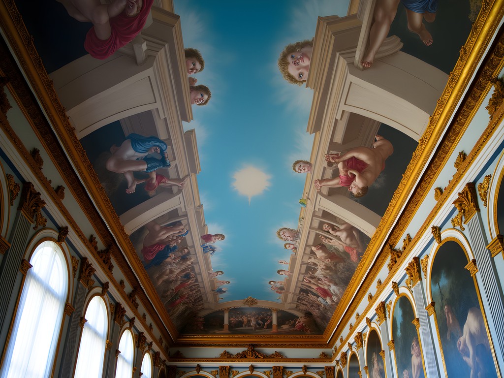 Ornate baroque ceiling fresco in Hercules Hall of Palais Liechtenstein in Vienna