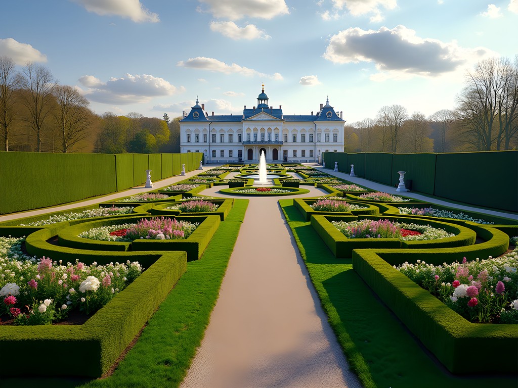 Terraced baroque gardens of Schloss Hof estate with blooming spring flowers and palace view