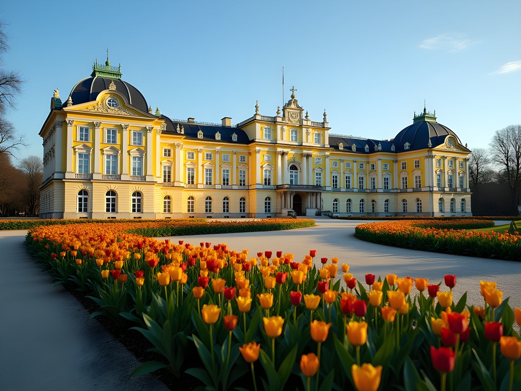Schönbrunn Palace grand yellow facade with blooming spring gardens in Vienna