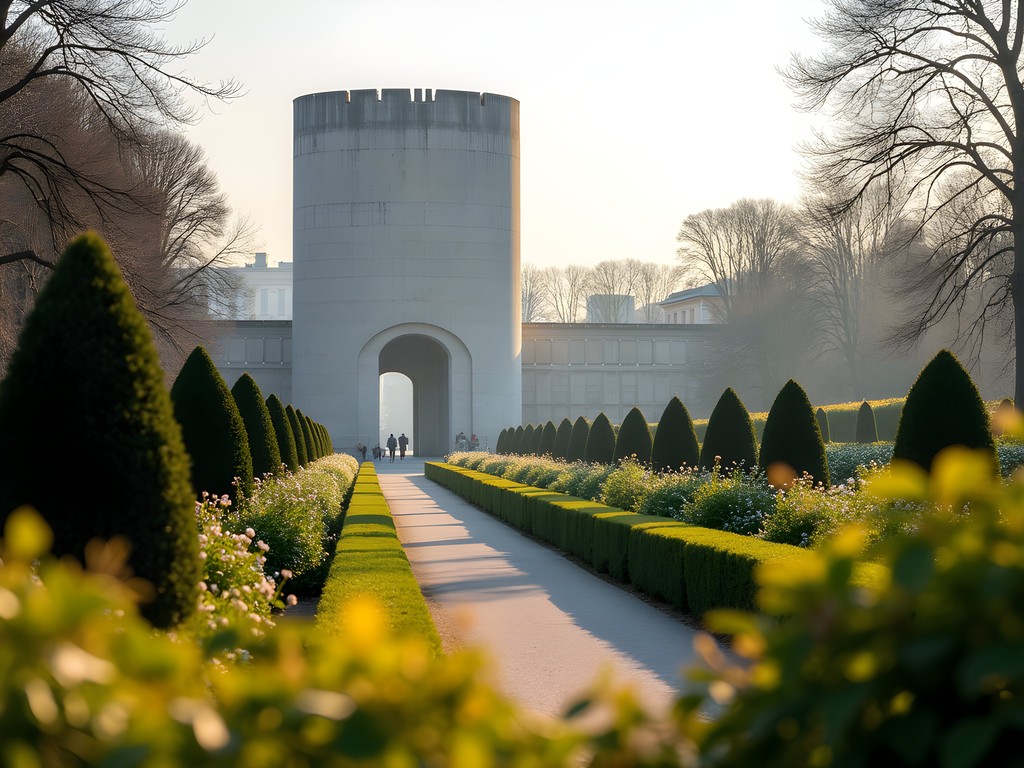 Augarten Palace baroque gardens with WWII flak tower in background