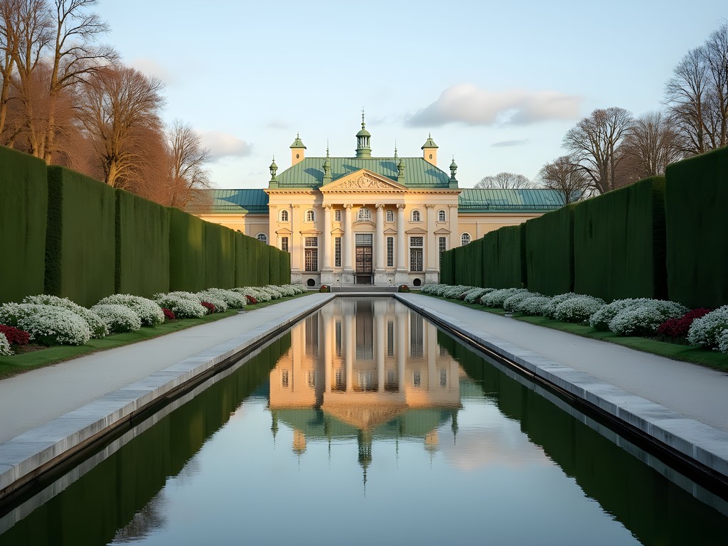 Upper Belvedere Palace reflected in formal garden pool with spring flowers