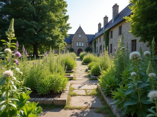 Medieval herb garden with church ruins in background in Visby, Sweden