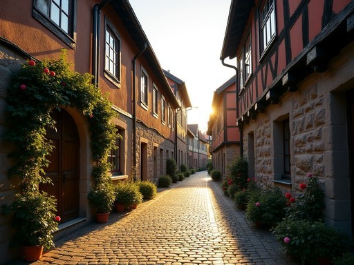 Cobblestone street with medieval houses and roses in evening light in Visby