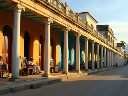 Colorful colonial buildings with portales along Salvador Cisneros street in Viñales Cuba at sunset