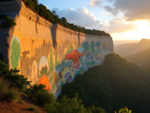 Massive colorful Mural de la Prehistoria painted on limestone mogote in Viñales Valley Cuba