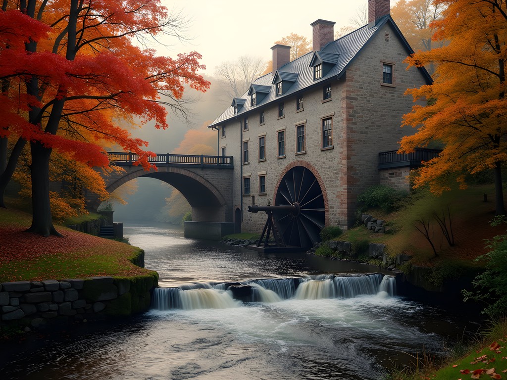 Historic stone mill buildings along Brandywine River surrounded by autumn foliage at Hagley Museum