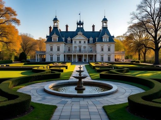 Nemours Estate French chateau with formal gardens and fountain in fall colors Wilmington Delaware