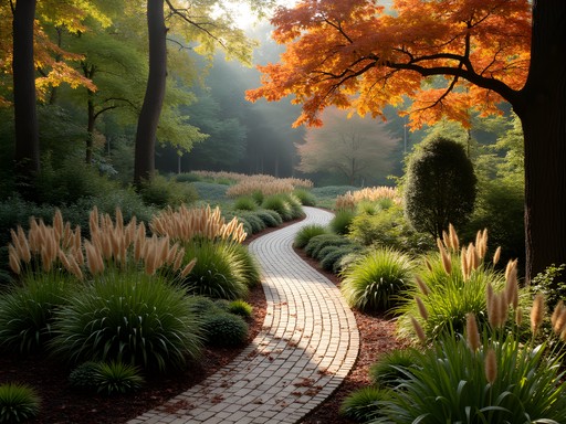 Winterthur Museum gardens with winding path through autumn trees and native plantings Delaware
