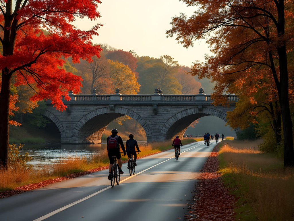 Blackstone River Bikeway with cyclists enjoying fall foliage along historic waterway