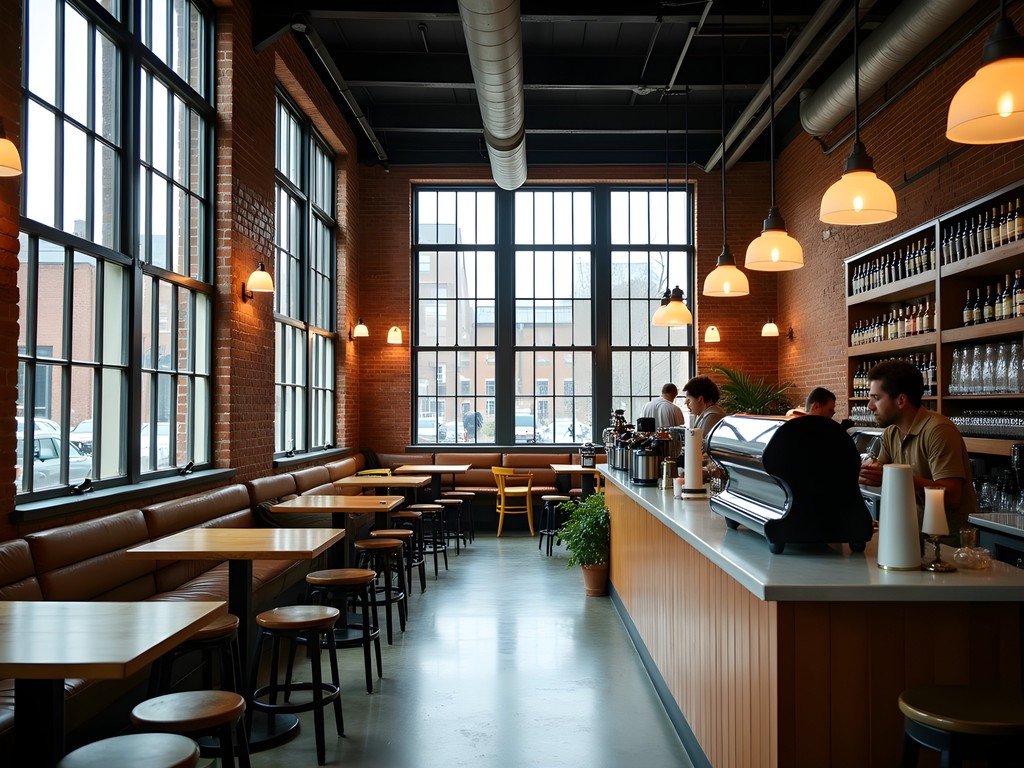 Cozy cafe inside repurposed mill building in Woonsocket with industrial elements