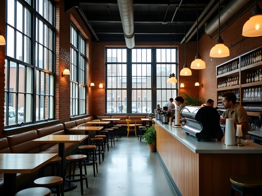 Cozy cafe inside repurposed mill building in Woonsocket with industrial elements