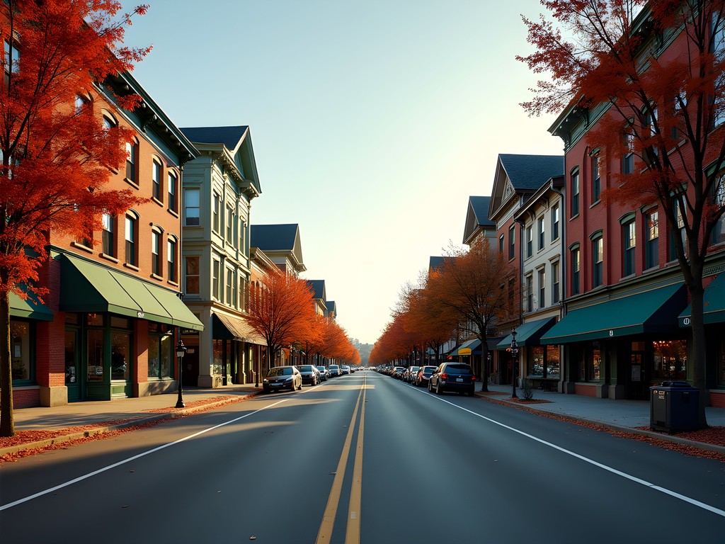 Historic buildings along Main Street in Woonsocket with fall foliage