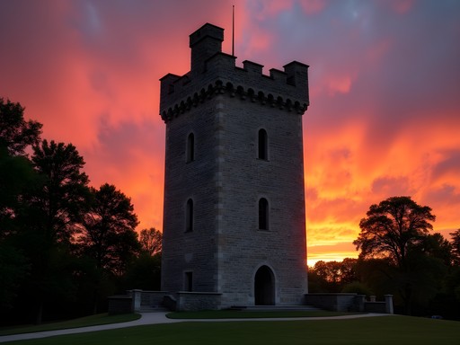 Bancroft Tower silhouetted against a colorful sunset sky in Worcester