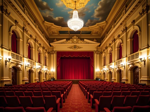 Ornate Victorian interior of Mechanics Hall with grand stage and decorative ceiling
