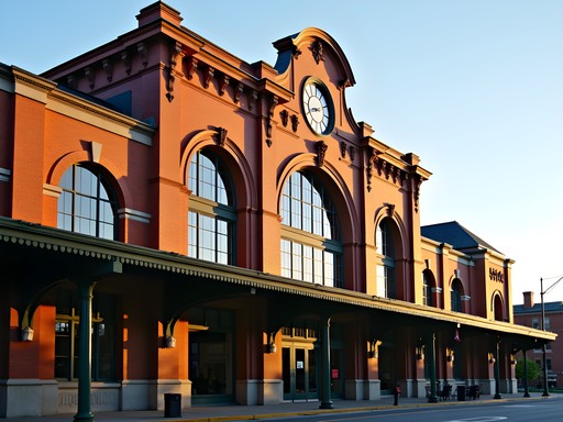 Restored Beaux-Arts facade of Union Station in Worcester at sunset