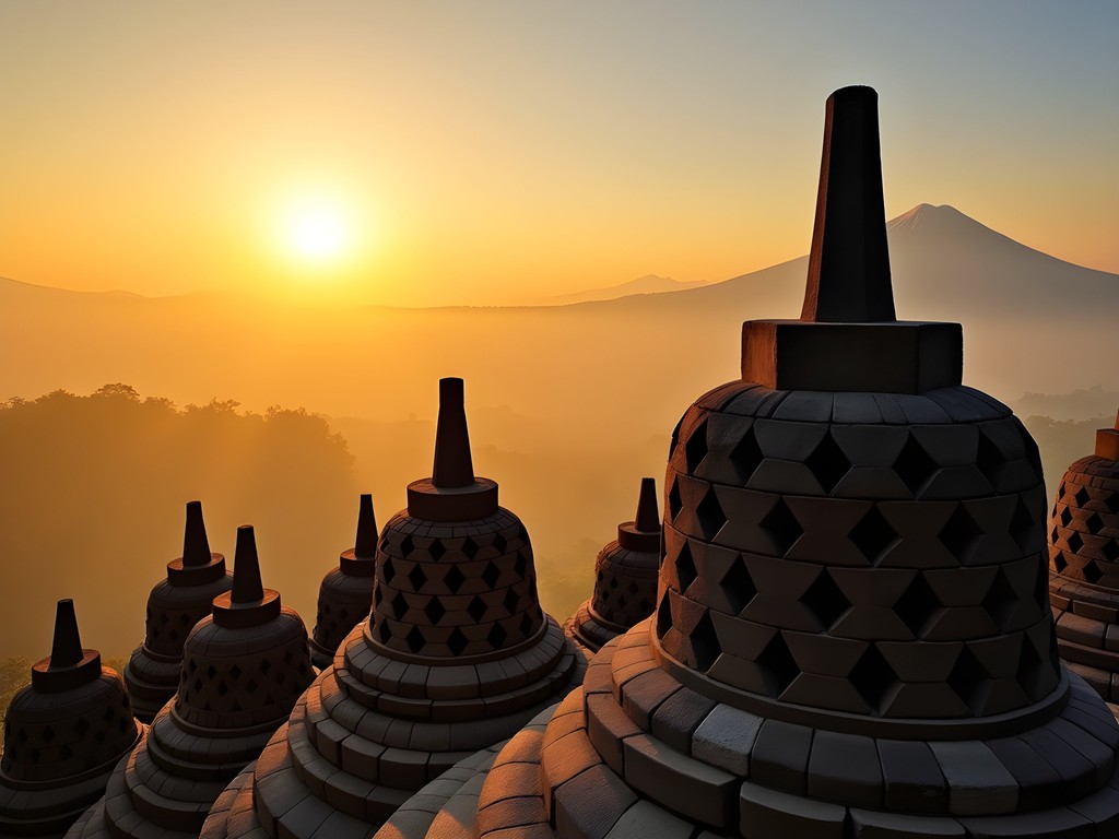 Sunrise over Borobudur temple with misty mountains and illuminated stupas